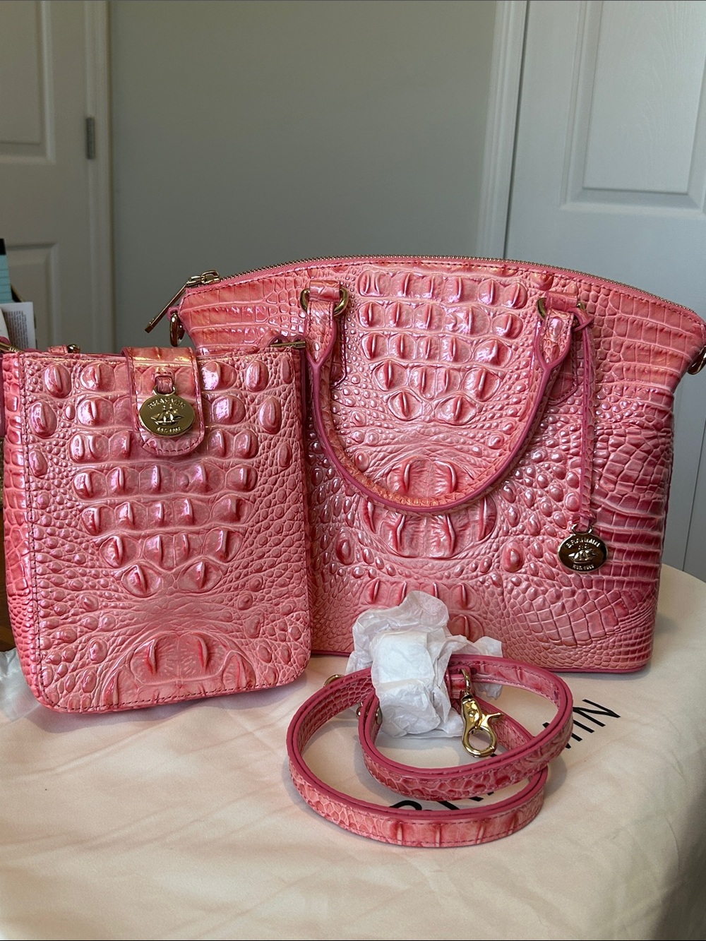 Brahmin Pink Punch Leather Croc-Embossed Duxbury & Market Crossbody Set